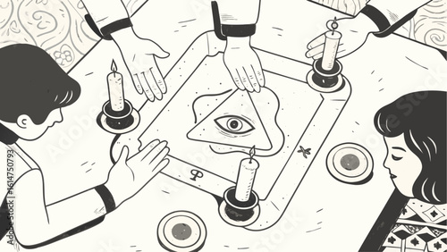 People around a table with candles and a triangle with an eye doing a ritual or a seance scene