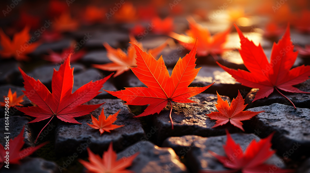 Red Maple Leaves Scattered on Dark Stone Path autumn Red Maple Leaves Scattered on Dark Stone Path autumn