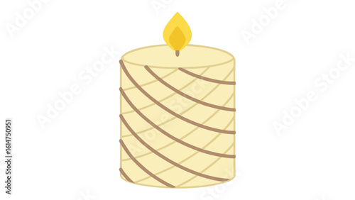 Stylized flat illustration of a thick textured cream candle with brown stripes and a yellow flame