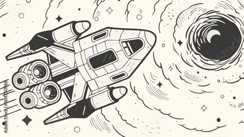 Illustration of a spaceship flying through space near a black hole and scattered stars around it