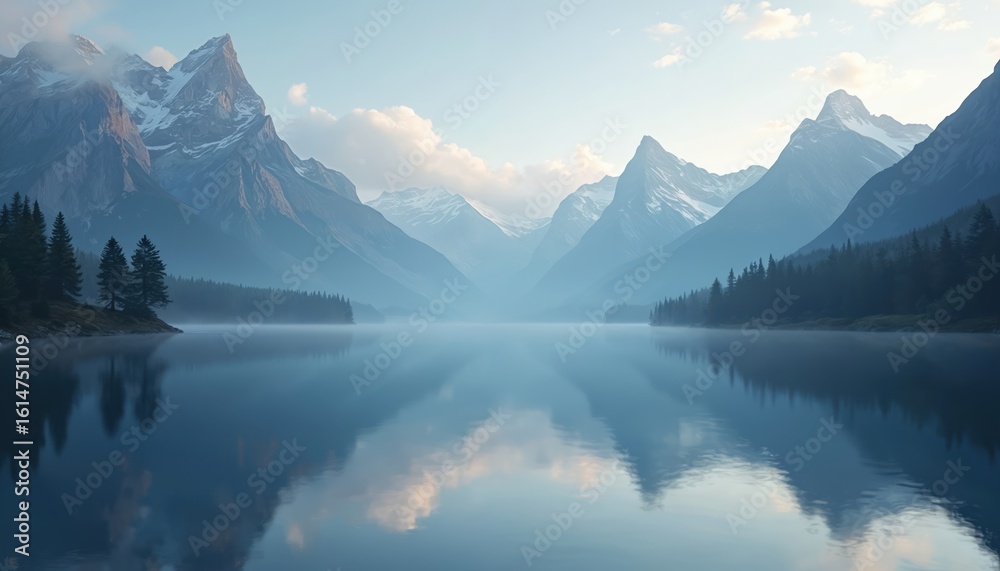 Fototapeta premium Serene mountain lake mirroring majestic peaks, sky, and clouds. Calm water reflects lush pine forests lining the shore. Tranquil blue landscape inspires peaceful outdoor adventures and travel.