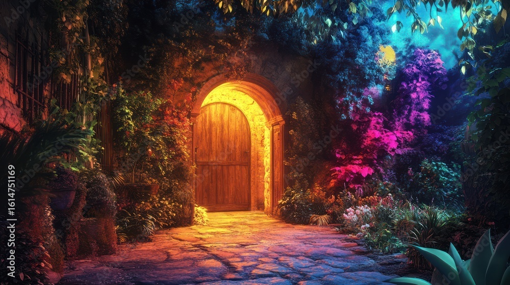Fototapeta premium Enchanted entrance through a stone archway surrounded by vivid floral display