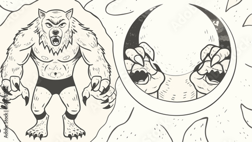 A terrifying werewolf stands next to a moon with menacing claws in a vintage comic book style