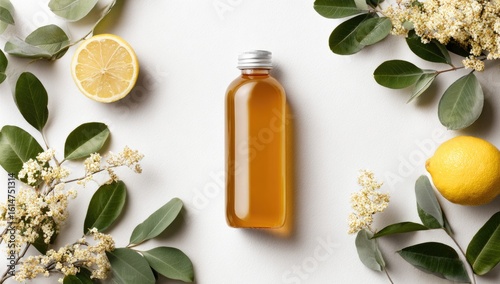 A bottle of amber liquid surrounded by lemon and botanicals