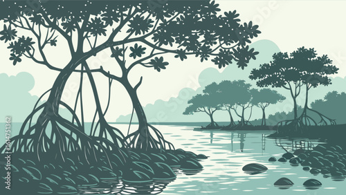 Mangrove trees landscape illustration vector nature scene coastal ecosystem swamp forest tropical environment design