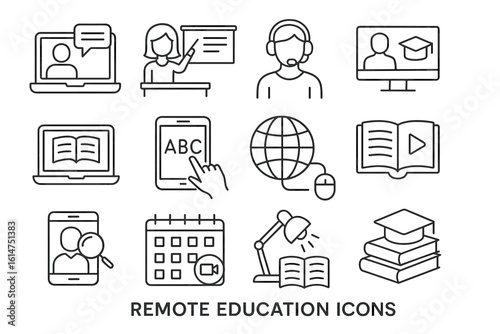 Remote education icon set: online learning and e-learning symbols for educational platforms