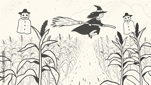 A witch flies on a broomstick over a cornfield with two scarecrows in a halloween illustration