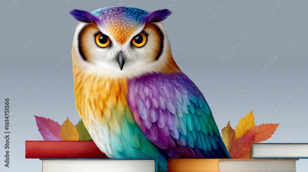 Obraz premium Colorful owl is perched on top of a stack of books. The owl's vibrant colors and the books' presence create a sense of curiosity and wonder. The scene could be interpreted as a symbol of knowledge