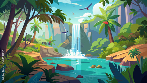A remote tropical waterfall plunges into a clear pool, surrounded by lush jungle and birds flying above the spray