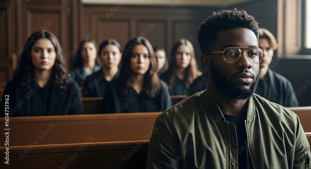 Obraz premium Courtroom Drama Focused African American Man in Olive Jacket with Jury of Young Women Observing Proceedings, Witnessing Justice Illustration