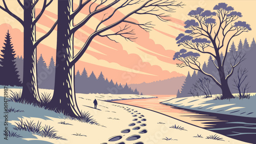 Winter landscape snow scene vector art illustration with footprints on snowy river bank and trees design 100