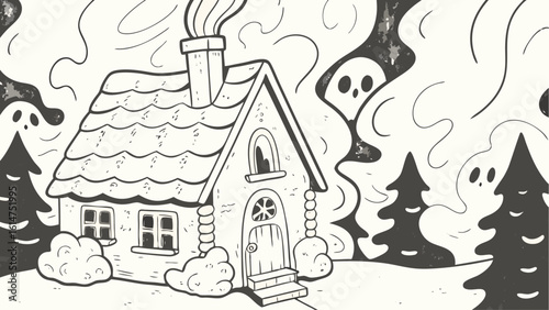 Illustration of a spooky house with ghosts and trees in a monochrome color scheme drawing style