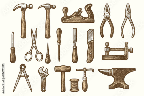 Vintage hand tools collection: hammers, screwdrivers, pliers, scissors, anvil