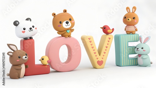 Cute Cartoon Animals Forming Love Word 3D Render
