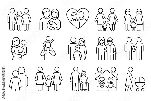 Diverse family icon set featuring various compositions and household scenarios