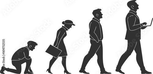 Four figures in silhouette showing progression from kneeling to using a laptop evolution