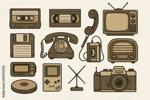 Vintage technology icons: cassette, vhs, rotary phone, antenna, floppy, game boy, camera