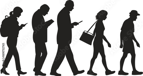 Diverse people silhouettes walking and using mobile phones and books smartphone