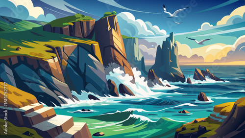 A dramatic rocky coastline with crashing waves and high sea cliffs, where seabirds soar in the ocean breeze
