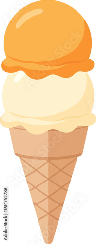 Double Scoop Ice Cream Cone with Orange and Vanilla Flavors on Vector illustration icon