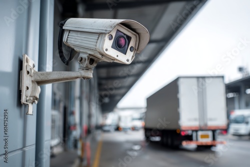 CCTV security camera providing surveillance at a warehouse loading dock with a truck in the background.