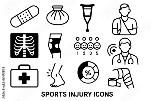 Black and white sports injury icons set featuring medical tools and symbols