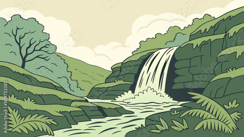 Waterfall landscape drawing vector illustration with trees and nature scenic view background for print design