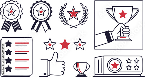 Collection of vector icons representing awards trophies and positive feedback symbols in red and navy blue