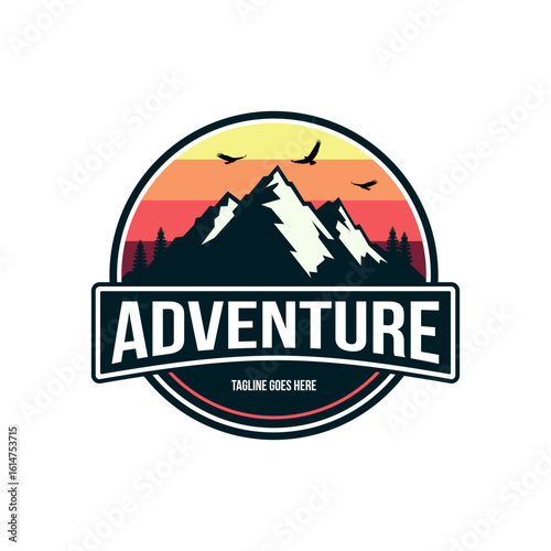 adventure logo with mountains and sunset