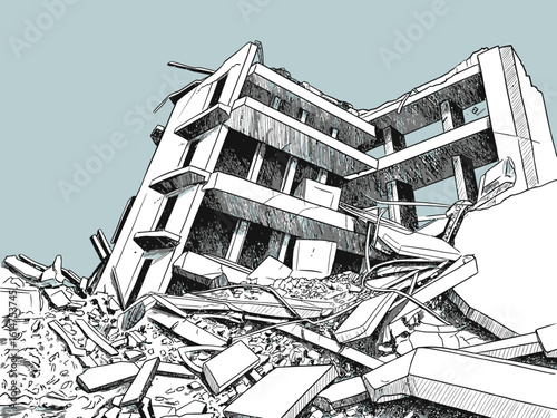 Illustration of collapsed building wreckage with rubble and debris against a light blue sky backdrop symbolizing disaster and urban decay