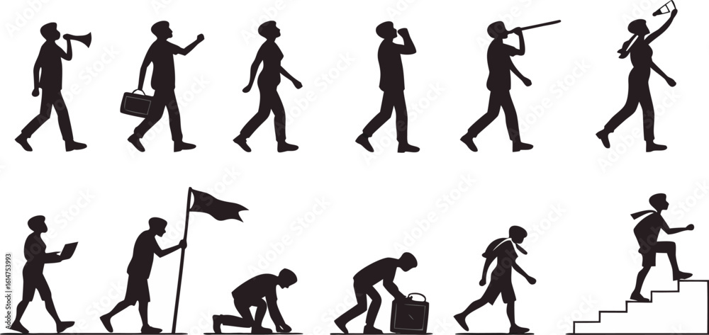 Fototapeta premium Collection of black human silhouettes in various poses and actions on white background