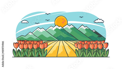 Beautiful landscape with tulip fields and mountains vector illustration design art drawing nature scene