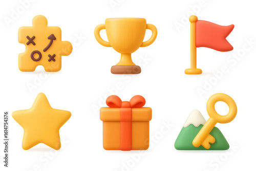 Collection of 3d reward icons with trophy, flag, and key elements