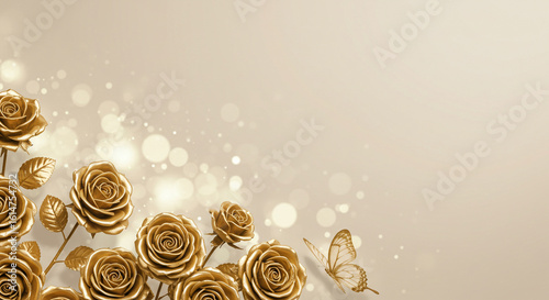 Fototapeta Naklejka Na Ścianę i Meble -  Background elegant gold roses and butterfly background for wedding invitation and greeting card design