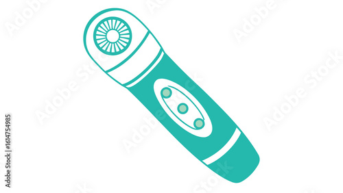 Teal and white flat illustration of a hair dryer beauty appliance