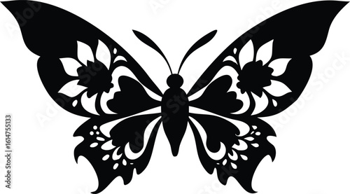 Intricate Black Butterfly Silhouette with Floral Wing Design Against White Background Art Print