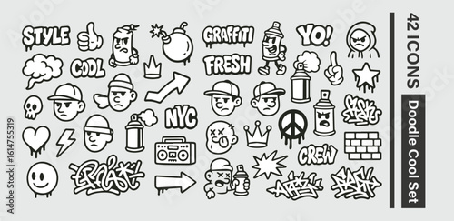 Hand-drawn doodle vector set with cool icons like skulls, smiley faces, lightning bolts, game controller, peace sign, and more. Perfect for t-shirts, stickers, and streetwear graphics illustration