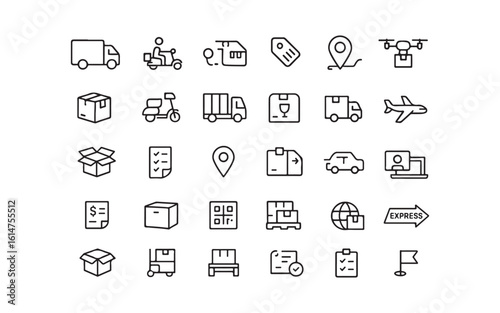 Modern Logistics & Delivery Line Icons - Barcode, Warehouse, Drone, Truck, Tracking