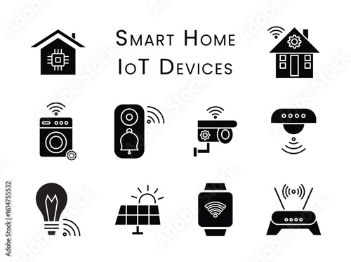 Smart Home and IoT Devices Icons in Silhouette Style