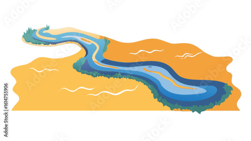 Scenic river landscape illustration with winding waterway and sandy banks for nature and travel designs