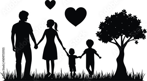 Loving Family Silhouette with Two Children, Hearts, Tree, and Grass Field Illustration
