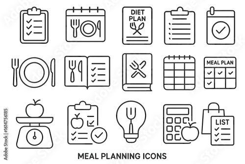 Meal planning icons: diet, calendar, checklist, nutrition, plan