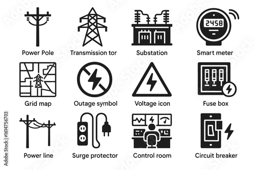 Icons of power infrastructure: poles, transmission, substation, and control room