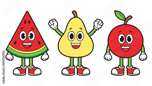 Three happy cartoon fruits watermelon pear apple wearing sneakers vector