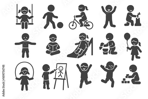 Silhouette icons of children engaged in various fun activities and playful moments