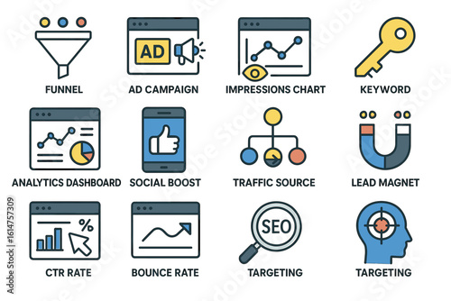 Digital marketing icons: funnel, analytics dashboard, seo tools, social boost, targeting key