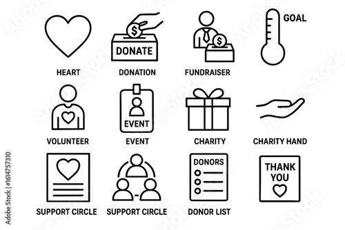 Charity icons: heart, donation, fundraiser, volunteer, and support symbols