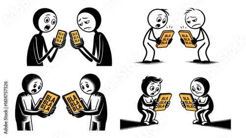 Emotional stickman characters in conflict over smartphone showing mobile addiction and dependency

