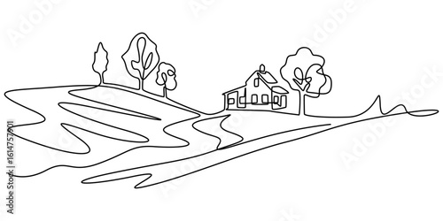 Landscape with village houses on hill. Continuous one line drawing, Rural landscape continuous one line vector drawing. Lake house in the woods hand drawn silhouette. Country nature panoramic sketch. 