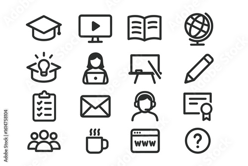 Educational icons set: learning tools, technology, and communication symbols